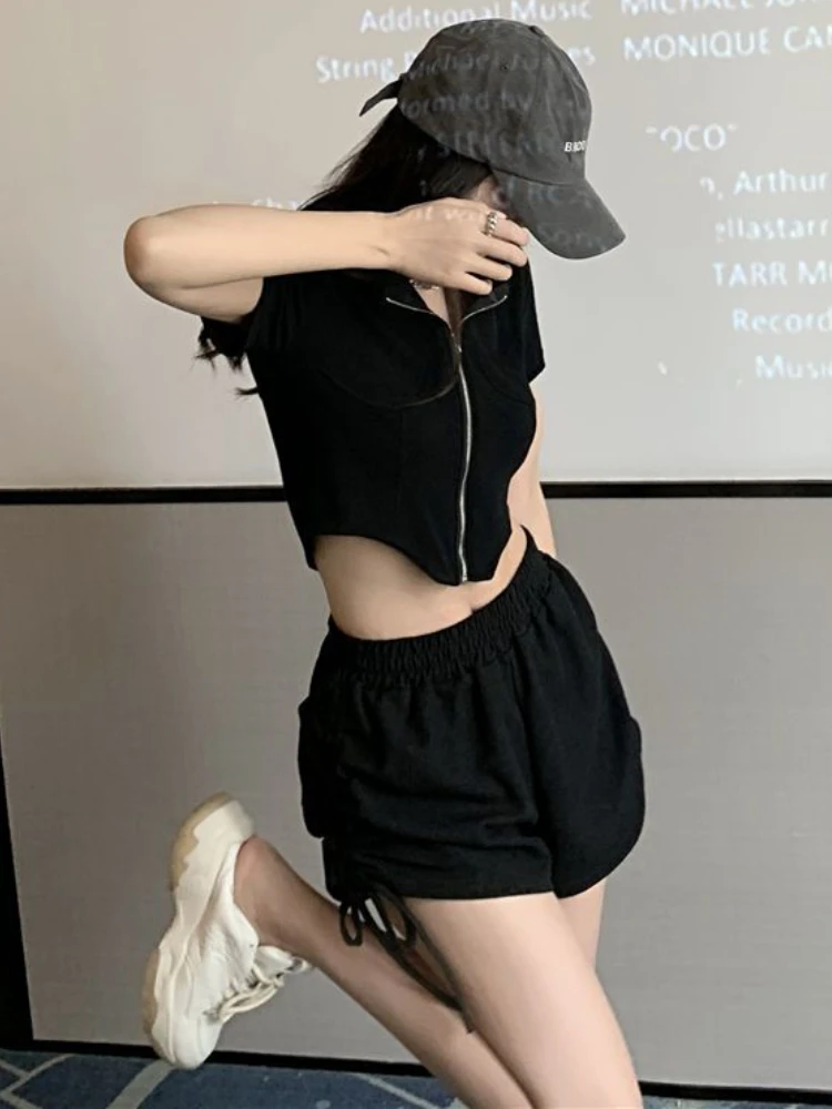 Short Sets Women Solid Lace-up Sporty Creativity Korean Style Young Fashion Simple All-match Trendy Casual Basics Summer Ladies