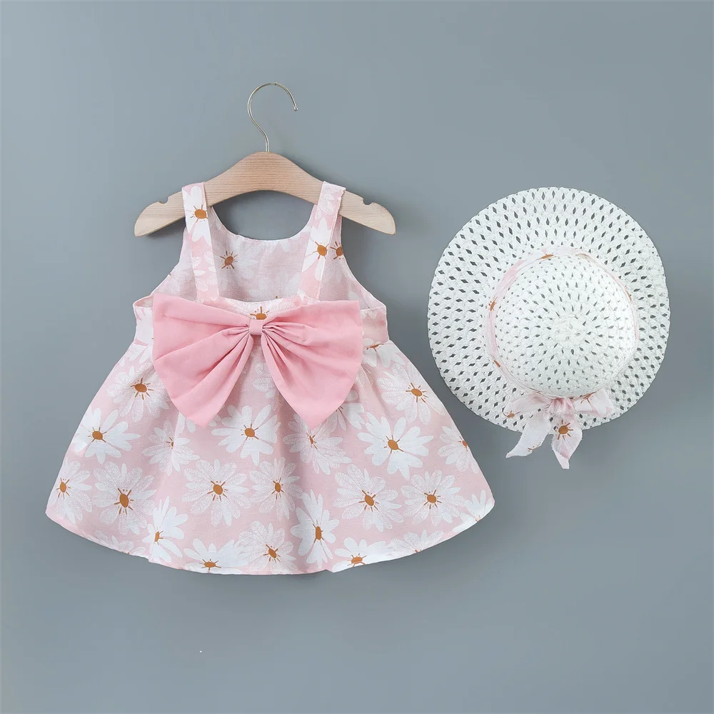 Baby Girl Dress Summer Bow And Full Print Daisy Pattern Suspender Beach Baby Dresses Cute Casual Baby Girl Clothes With Hat ﻿