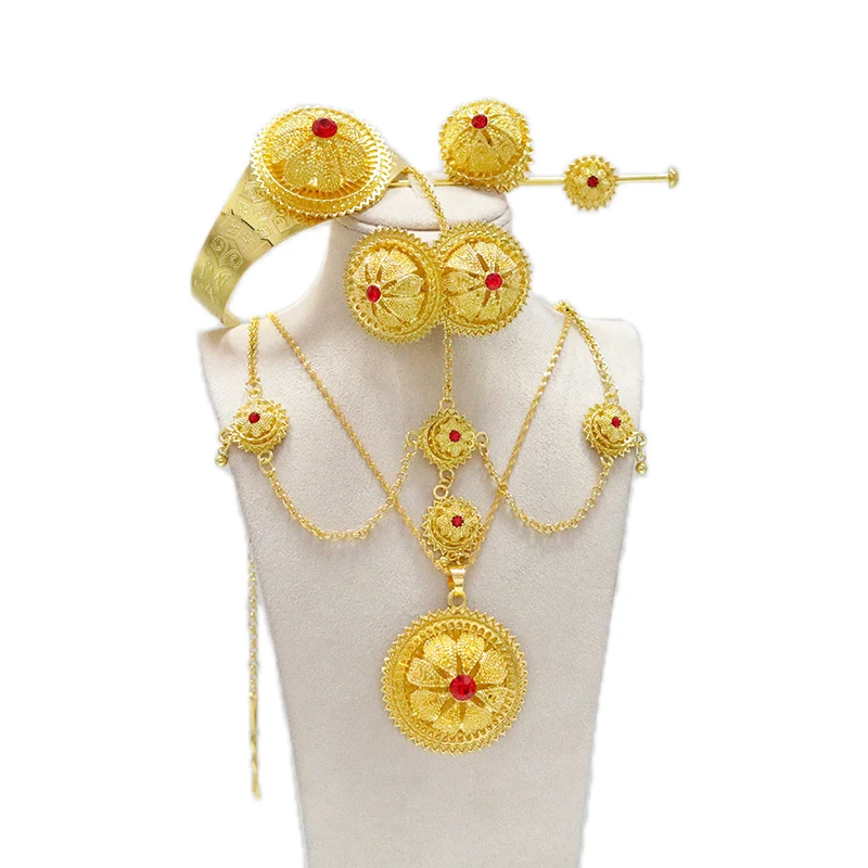 Wholesale Dubai Jewelry Set with Ethiopian Gold Pendants, Earrings, Rings, Hairpins, Bracelets, Head Chains, African, Havesha