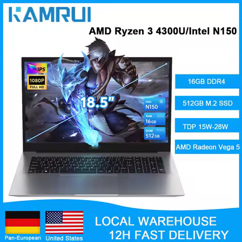 KAMRUI Laptop Computer 18.5" FHD 7000mAh Intel N150/R3 4300U 3.7GHz Windows11 PRO 16GB DDR4 512GB M.2 SSD WiFi5 Desktop Notebook