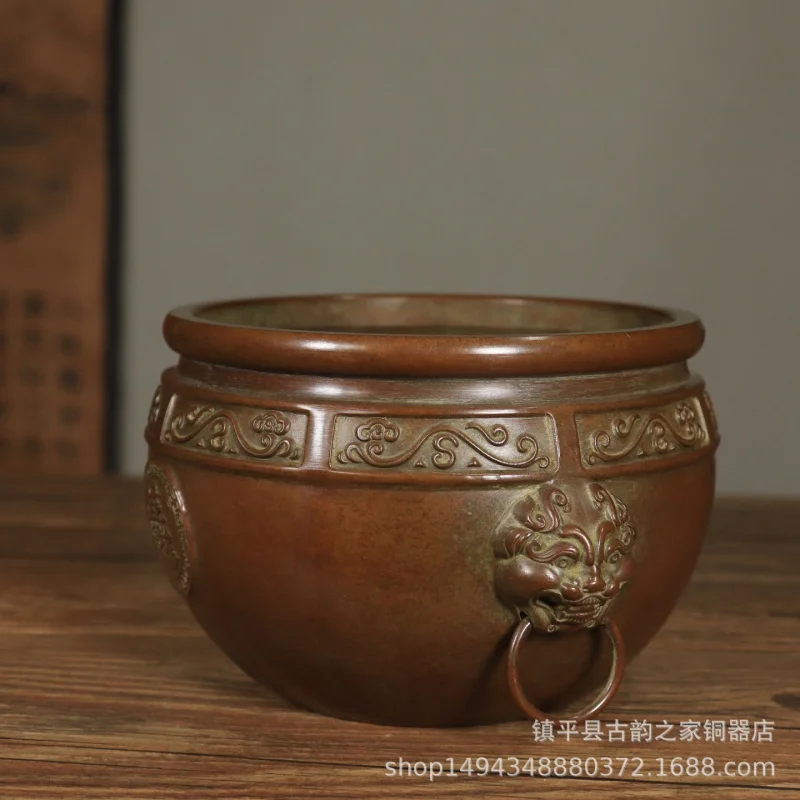 Pure Double Lion Ear Ring Copper Vintage Xuande Cylinder Incense Burner Ornament Office Living Room Shop Decorat