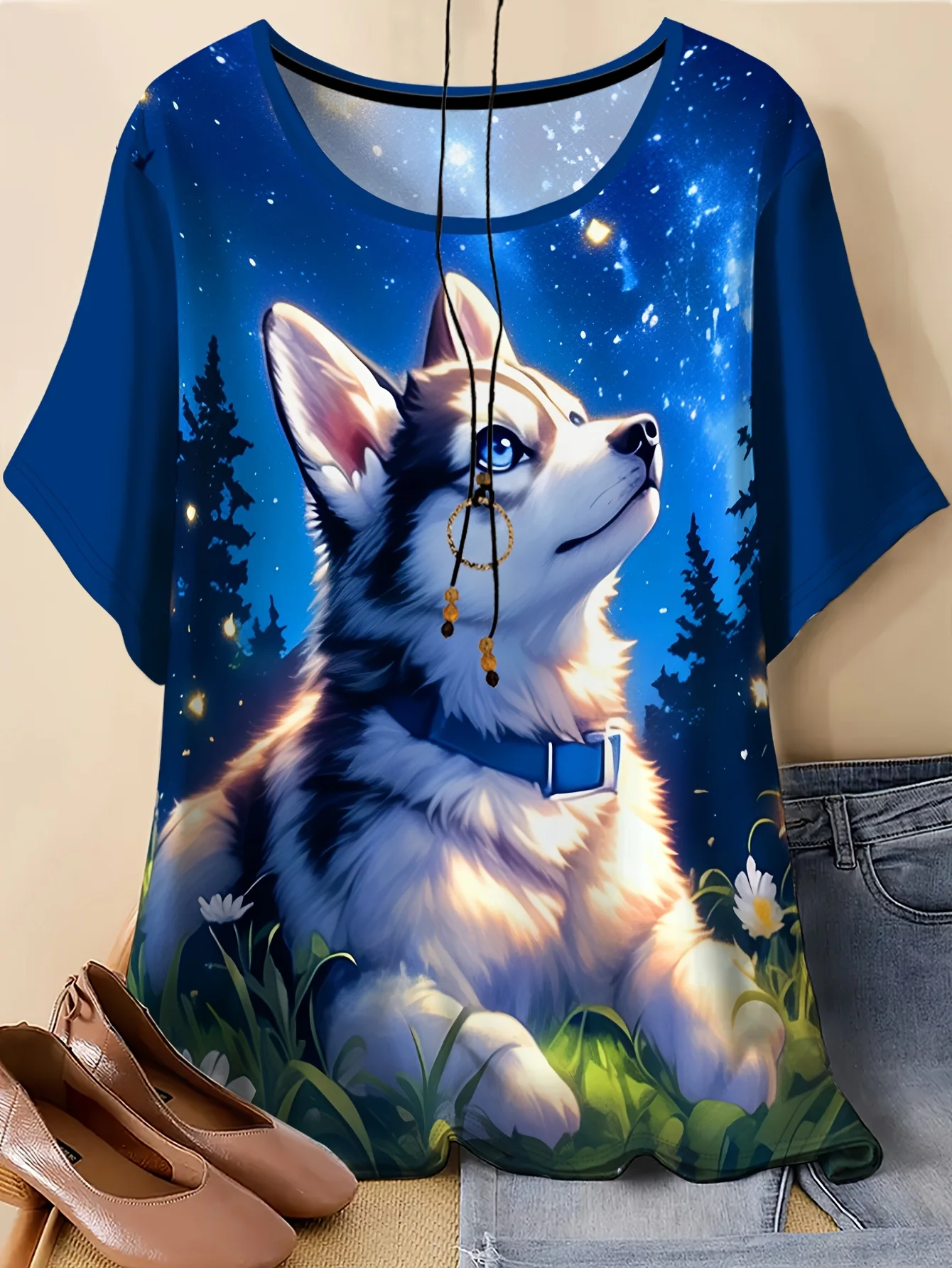 Women Crew Neck Short Sleeve T‑shirt Husky Dog Starry Night Forest Floral Print Casual Daily Graphic Tops