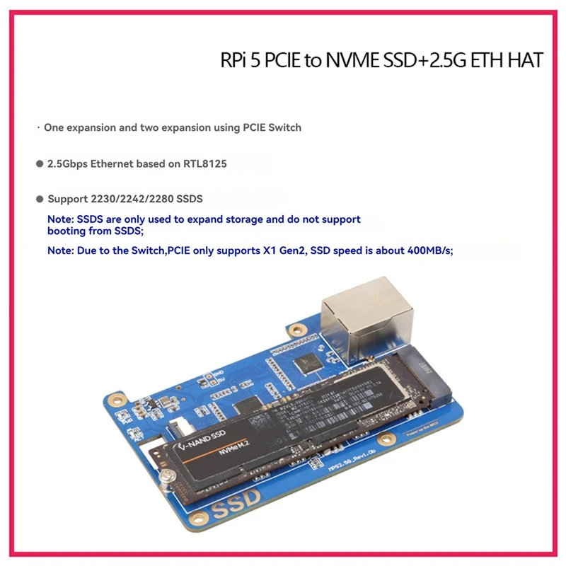 MPS2.5G For Raspberry Pi 5 PCIE To NVME SSD+2.5G ETH HAT RTL8125 Support Rpi OS,Ubuntu, 2280,2242,2230 SSD Durable Easy To Use