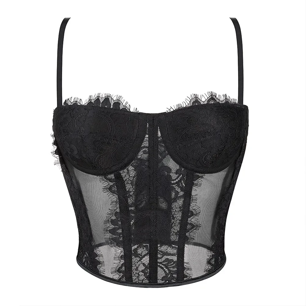 

Floral Lace Sexy Crop Top Backless Women Strap Summer Bralette Corset Bustier Lady Transparent Mesh Fashion Slim Short Camisole