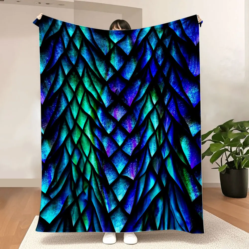 Dragon Scale Pattern Blanket - Iridescent Gradient (Blue, Turquoise, Green) Textured Throw with Sharp Angular Scales, Shimmering