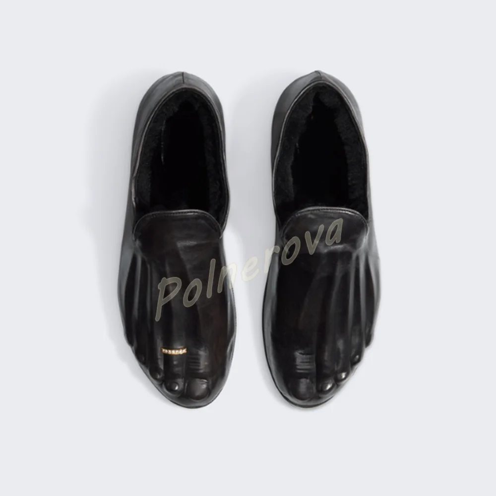 Women 3D Toe Shape Pumps Leather Flat Slip On Gold Ring Decor Shoes Black Warm Novelty Weird Design Casual Daily Shoes