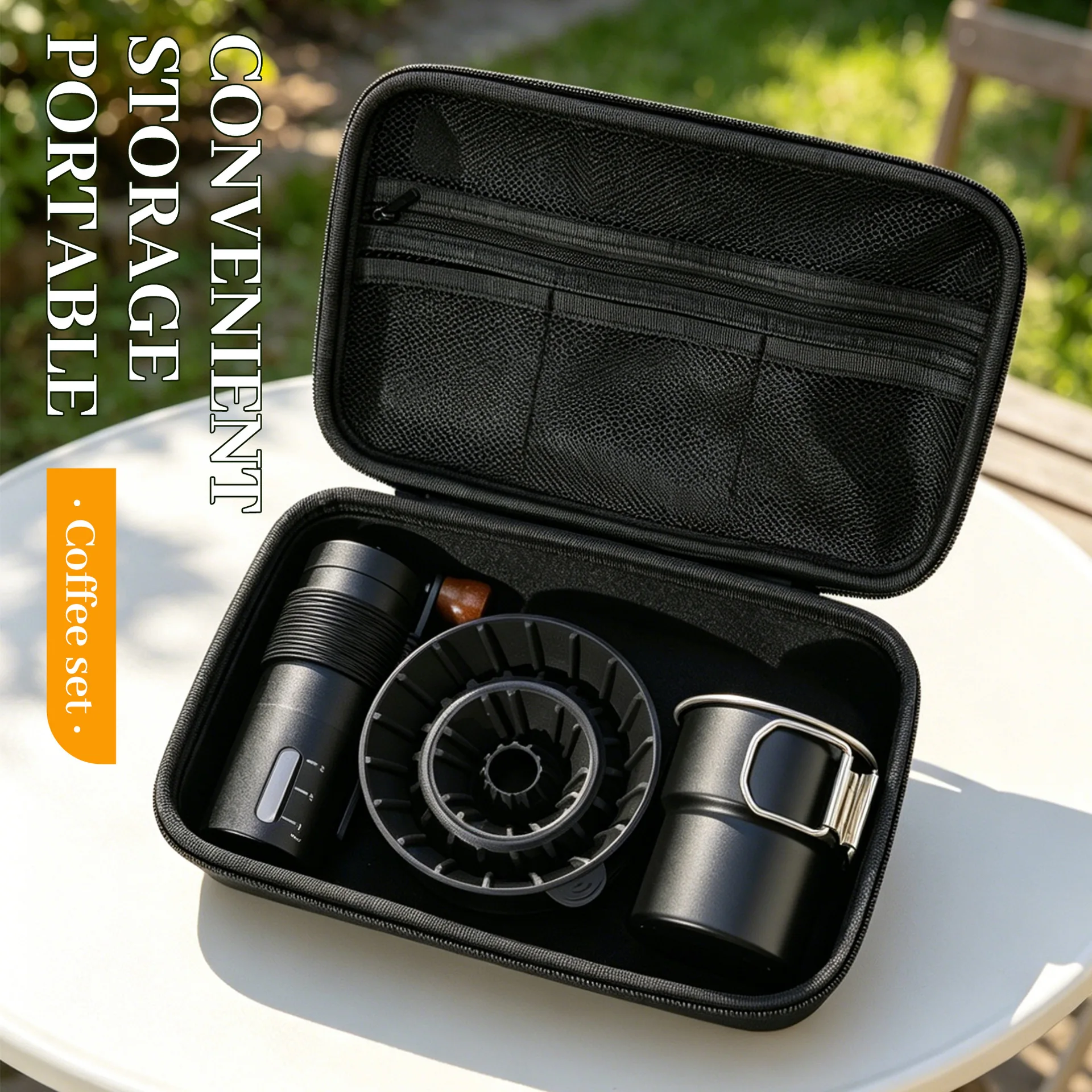 Outdoor portable hand-brewed coffee set, hand-ground coffee maker, folding cup, full set of storage gift box, coffee utensils