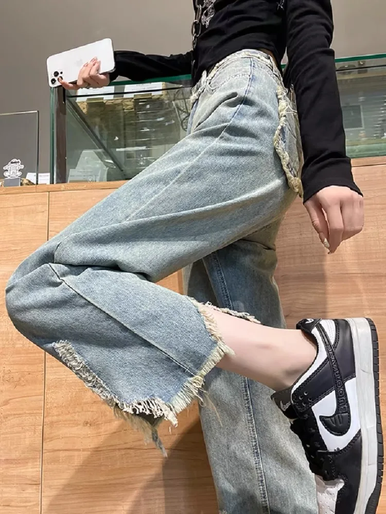 

Loose Wide Leg Jeans Women's Spring Autumn Nine Points Slimming Student Hole Ripped Frayed Straight Seven Points Pants