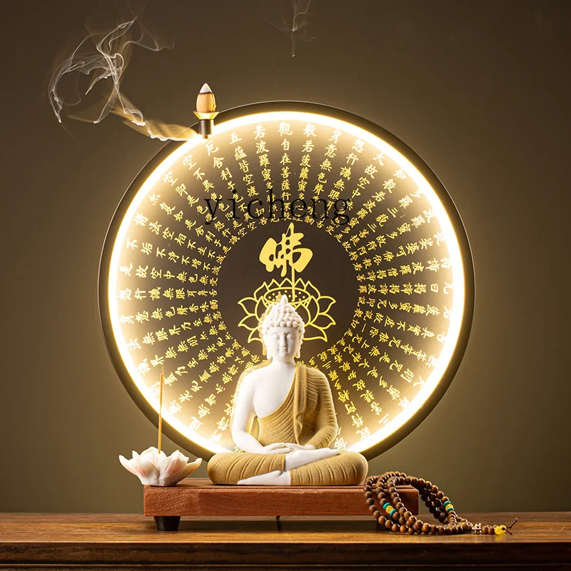 

TWR Buddha statue living room creative entrance Zen decorative painting Heart Sutra lamp circle ornament