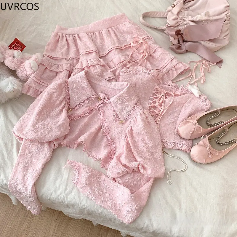 Autumn Kawaii Lolita Style Pink Skirt Sets Women Sweet Lace Bandage Tank Top Cute Mini Cake Skirt Chic Jacquard Relief Rose Suit