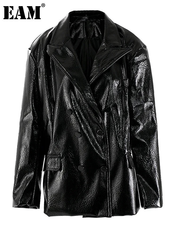 

Женская Повседневная куртка EAM, черная винтажная куртка из искусственной кожи, с отложным воротником и длинным рукавом, весна-осень 2024