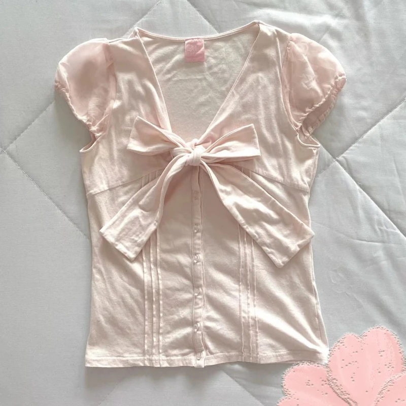 

Deeptown Sweet Pink Bow T-shirts Women Sexy Shoujo Girl Aesthetic Short Sleeve Tees Coquette Fashion Korean Style Kawaii T-Shirt