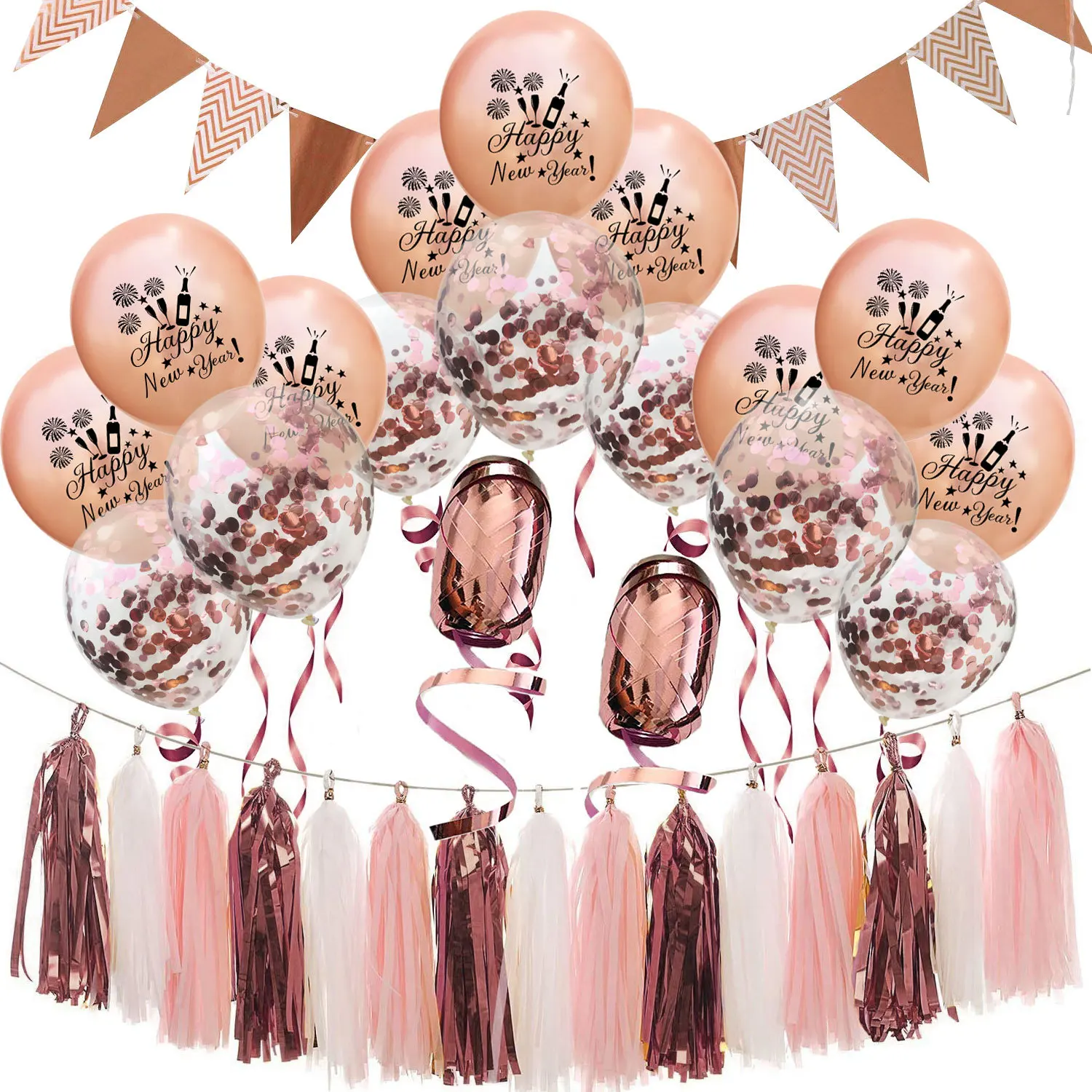 1 set of rose gold silver happy new year latex balloon pull flag combination set new year's new year decoration foreign trade