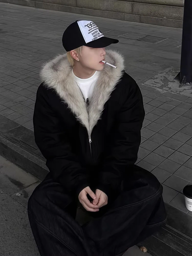 الشتاء Thiened الدافئة القطن Jaet الرجال ort Sle مقنعين الفراء طوق الأمريكية Sle معطف جلد الشباب Faion الوقوف صالح #4