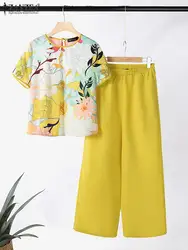 ZANZEA Elegant Casual Pant Sets Women Floral Print Short Sleeve Blouse Wide Leg Trouser Holiday 2pcs Outfits Summer 2-Piece Sets
