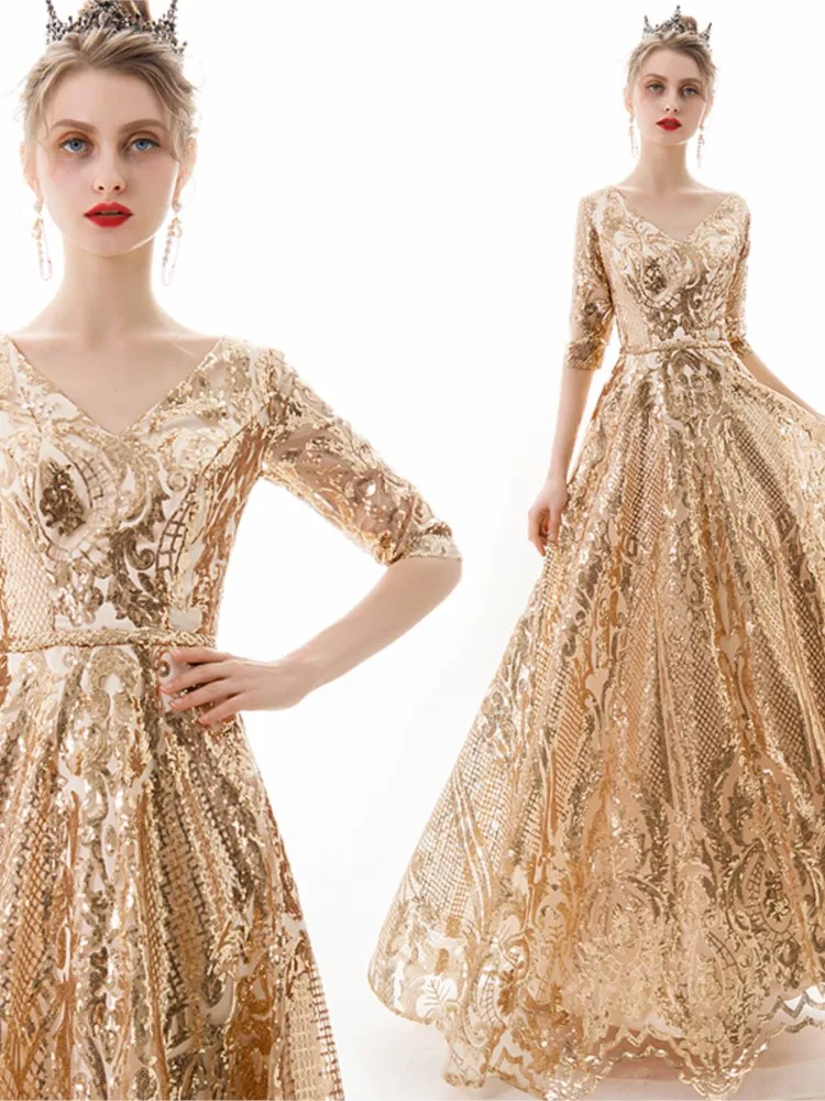 

A new and elegant long dress for the host's performance at banquet
