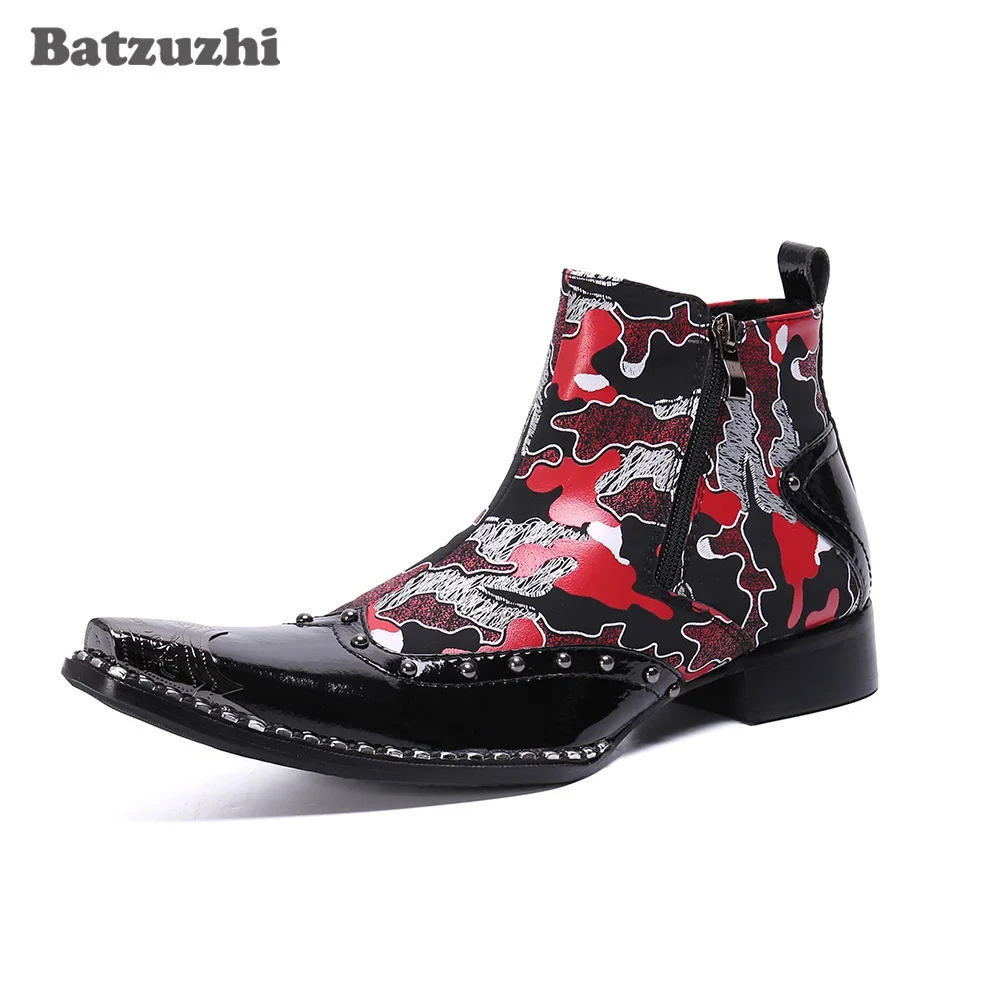 

Batzuzhi Punk Rock Men's Boots Pointed Metal Tip Ankle Leather Boots Formal Business Party and Wedding, Big Size US6-US12