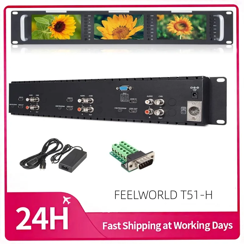FEELWORLD T51-H Triple 5 inch 2 RU Rack Mount Monitor 800×480 Broadcast LCD Monitor with HDMI AV Input and Output