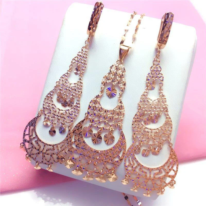 585 Purple Gold Luxury Tassel Pendant 14k Rose Gold Necklace Earrings Set Court Style Ladies Attending Wedding Moroccan Jewelry