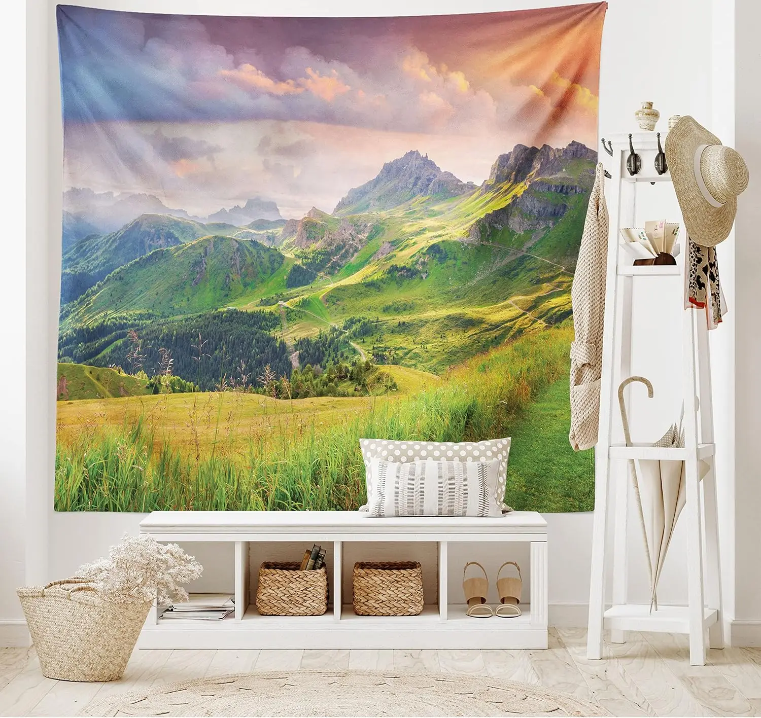 Mountain Tapestry, Summer Landscape of Italian Alps at Sunset Tranquil Calm Meadow Idyllic Spot, Wide Wall Hanging for Bedroom
