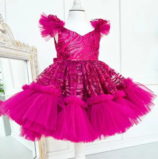 

Fuchsia Flower Girl Dress Tulle Sequined Princess Puffy Girl Birthday Gown Christmas Dress Sparkly Knee length Kid's Gown