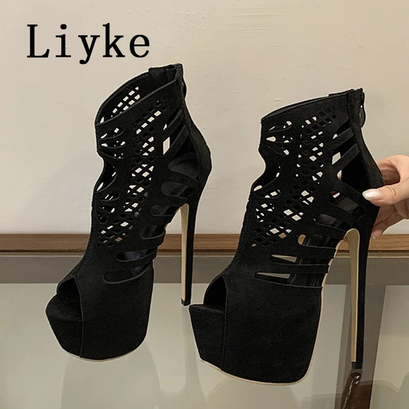 

Liyke уличный дизайн, ботильоны на платформе с открытым носком и узким ремешком, женские сандалии, пикантные туфли на очень высоком каблуке для выпускного вечера на молнии в стиле панк