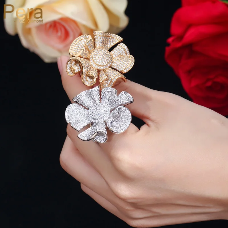 Pera Elegant Women Big Statement 3D Flower Finger Rings Full Shiny Cubic Zirconia Bridal Wedding Party Fashion Jewelry Gift R086