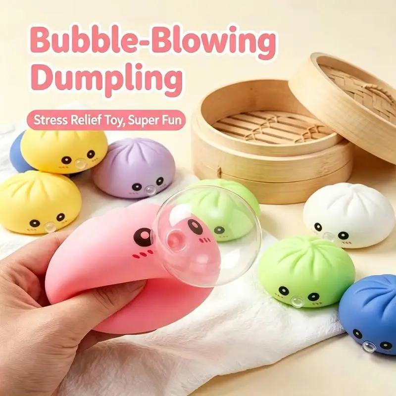 Dumpling Squeeze Blow Bubbles Toy Dumpling Squishies With Steamer Bubble-Blowing Squeeze Stretchy Fidget Sensory Gift