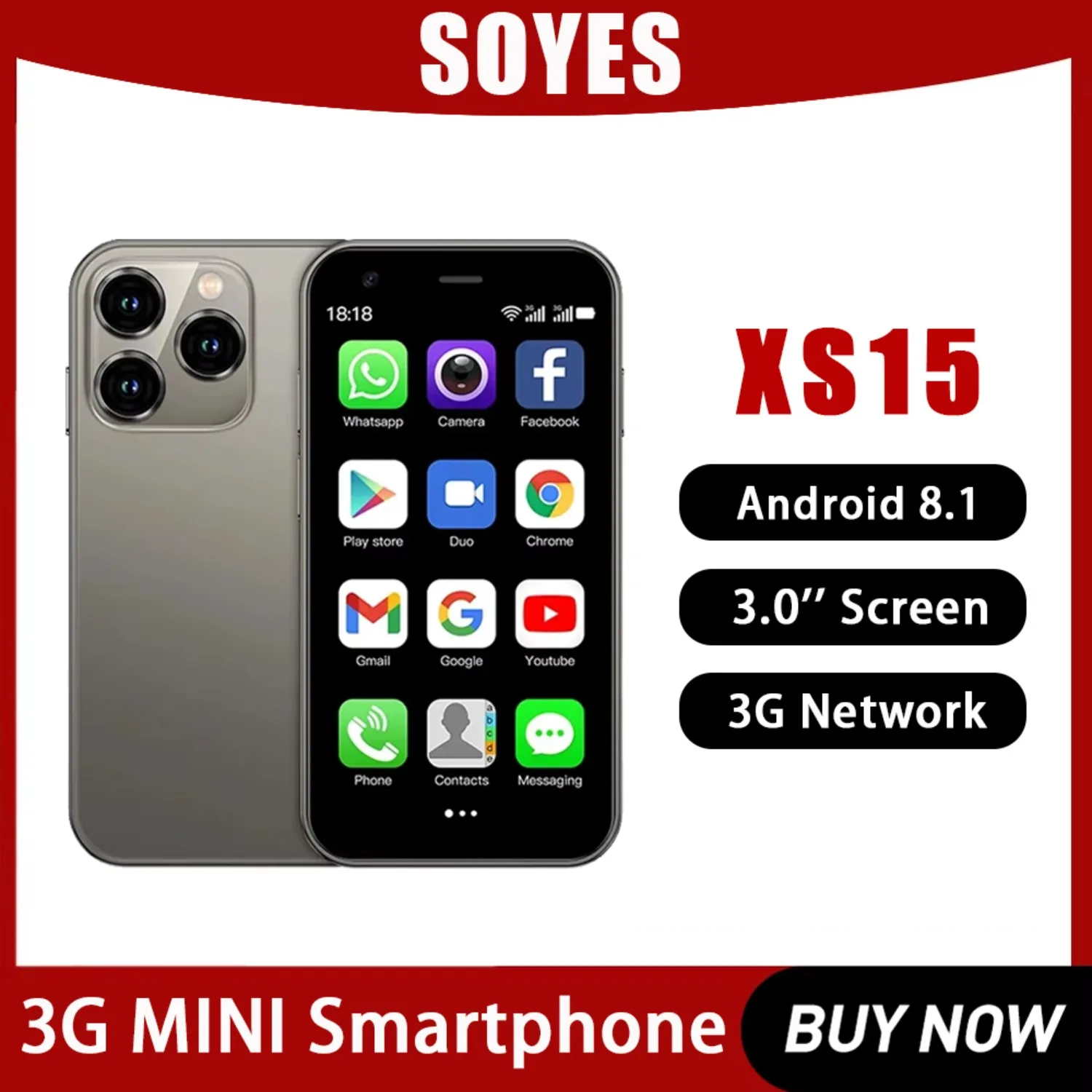 SOYES XS15 3G Mini Smartphone Ultra-thin 2GB+16GB Android 8.1 Dual SIM 3.0inch Phone 1000mAh Wifi GPS Small Fashion Cell Phone