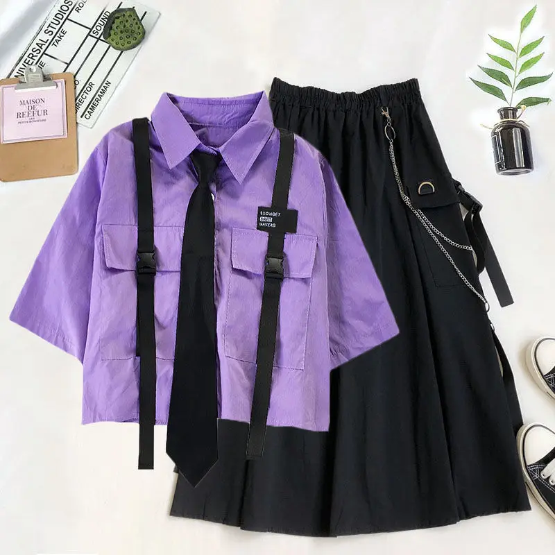 Two Piece Set Spring Autumn Women Loose Short-Sleeved Shirt +Chain Cargo Skirts Streetwear Harajuku 2 Piece Set