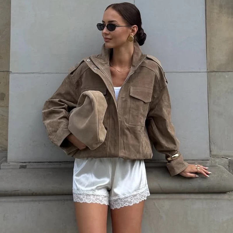 

Tornova Retro Suede Short Jacket Coat For Women Fashion Loose Long Sleeve Autumn Outwear High Street Zipper Female Jacket New