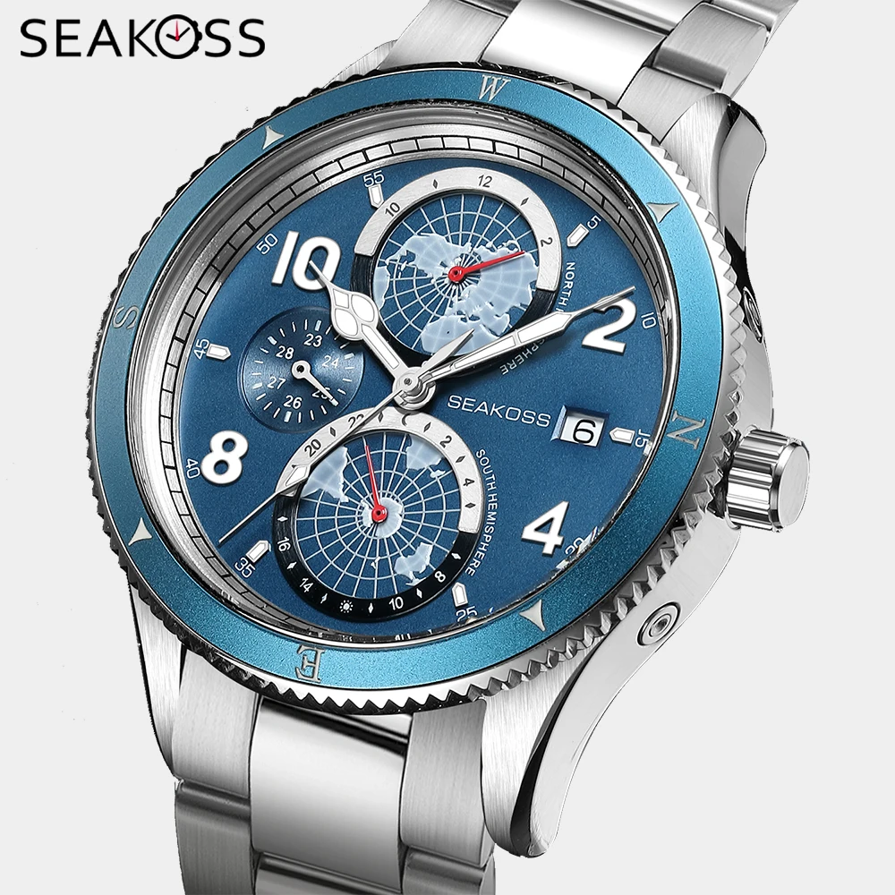 

SEAKOSS 10Bar Mens Diving Watch Fully Automatic Mechanical Watch Year Month 24 Hours Display FKM Strap Super Luminous Wristwatch