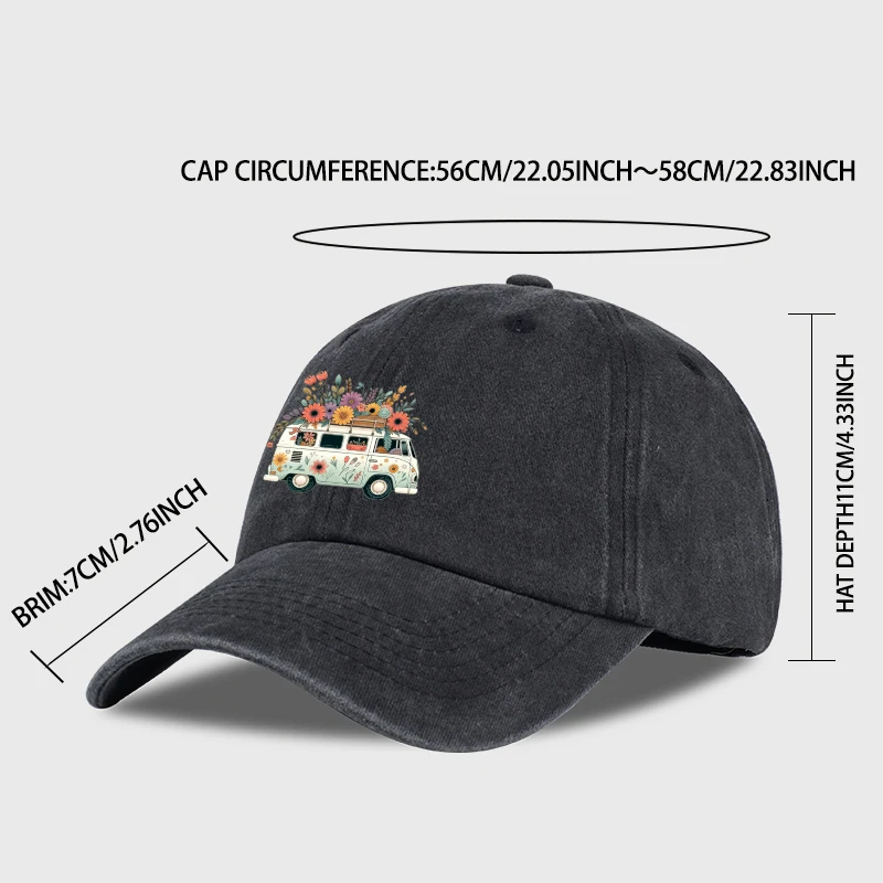Vintage Floral Van Print Washed Baseball Cap Adjustable Unisex  Travel Sun Hat