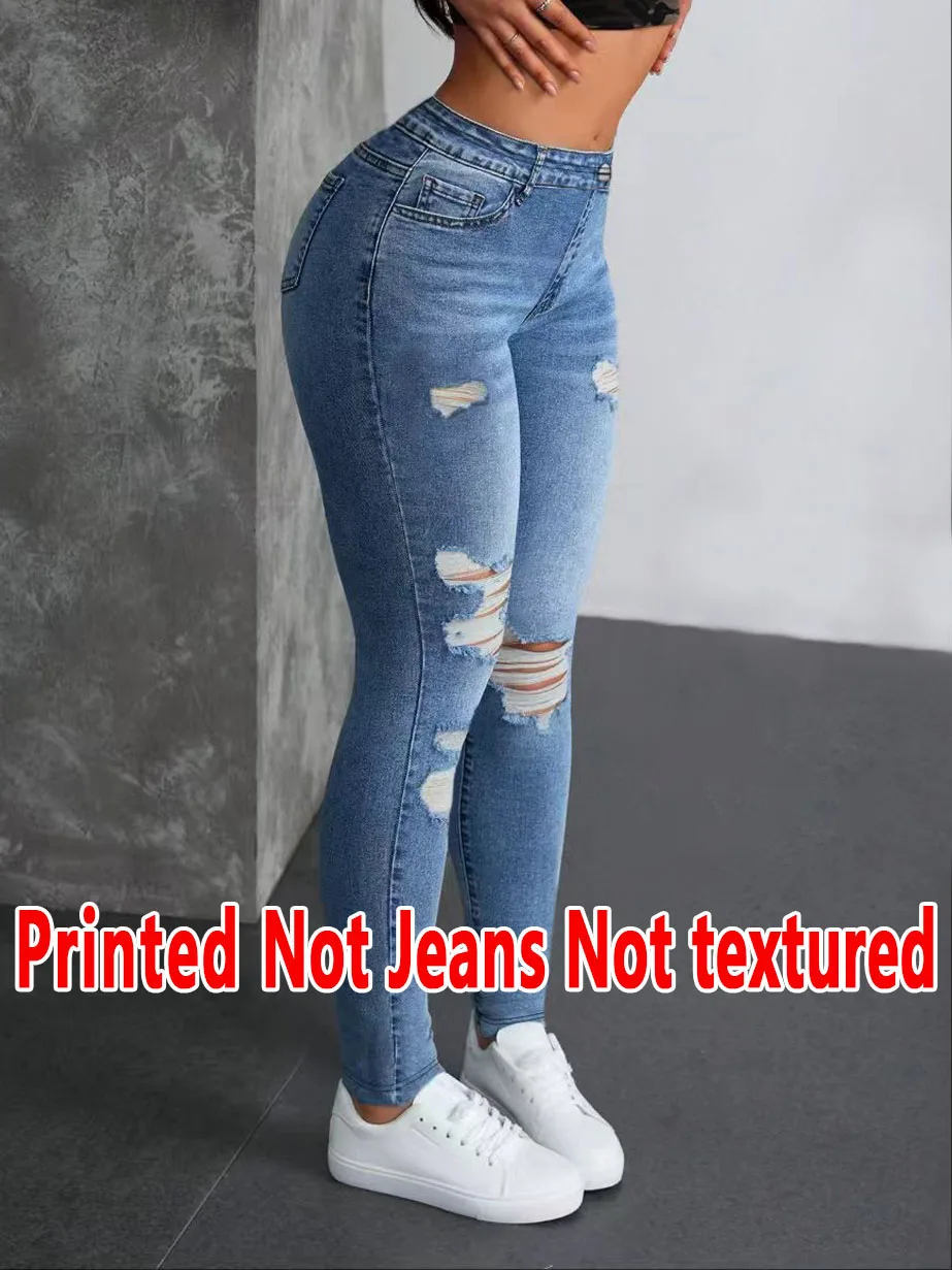 5757  Ladies Printed Tight Pants Non- Denim Fabric Cowgirl Hole Print Base Pants Wearable All Seasons