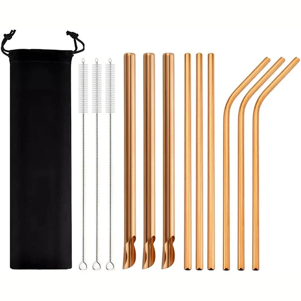 

13Pcs Metal Stainless Steel Straw Reusable Pearl Milkshake Bubble Tea Straws with Brush Stirring Smoothie Spoon Shaped Straw Set