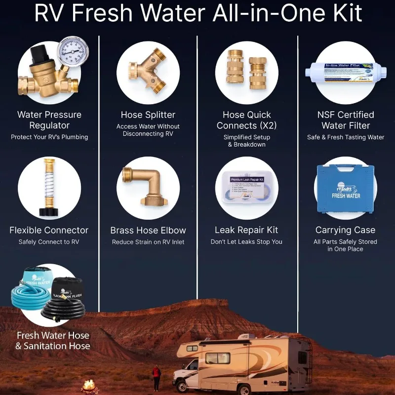 RV Fresh Water Kit w/Drinking & Santation Hose - RV Water Pressure Regulator, Filter, Hose Connectors, Leak Repair Kit,