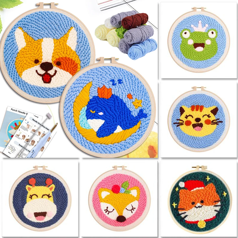 

20x20cm Animal Punch Needle Embroidery Kit for Beginners Soft Yarn Needle Punch Kit Tool with Instruction Threader Fabric Yarns