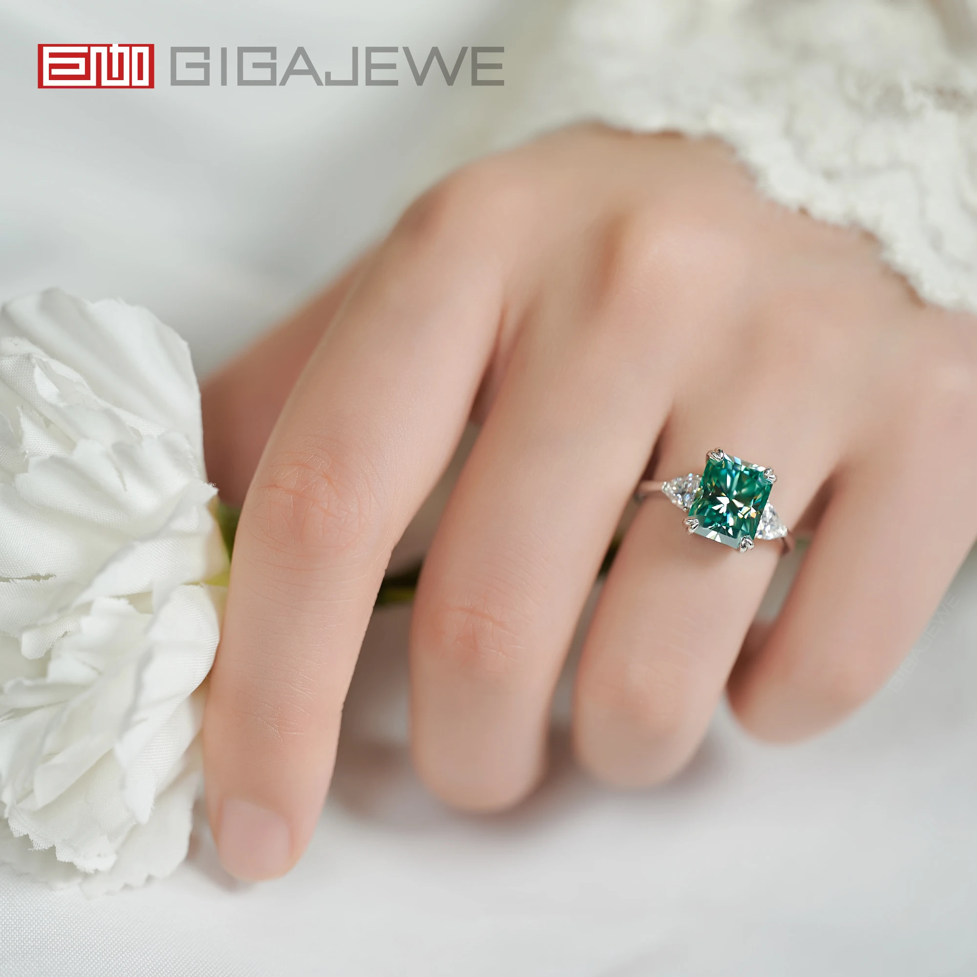 خاتم من GIGAJEWE-Moissanite المرصع بالألماس للنساء ، قطع مشع ، سماوي طبيعي ، S925 فضة ، مرت هدية مع GRA ، 8x10 مللي متر ، 4.0ct