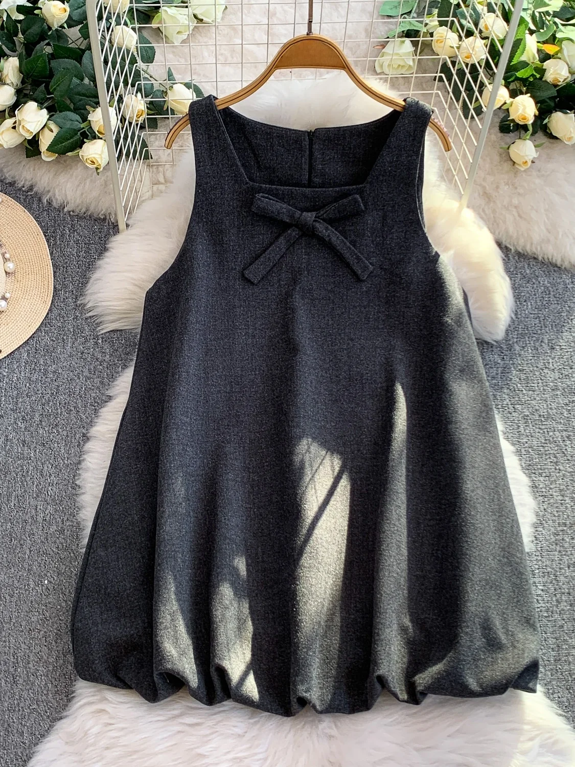 레트로 스위트 매듭 스퀘어 네스벨 드 여성 겨울 유니크 아름다운 부푼 미디 스커트 출퇴근 스타일