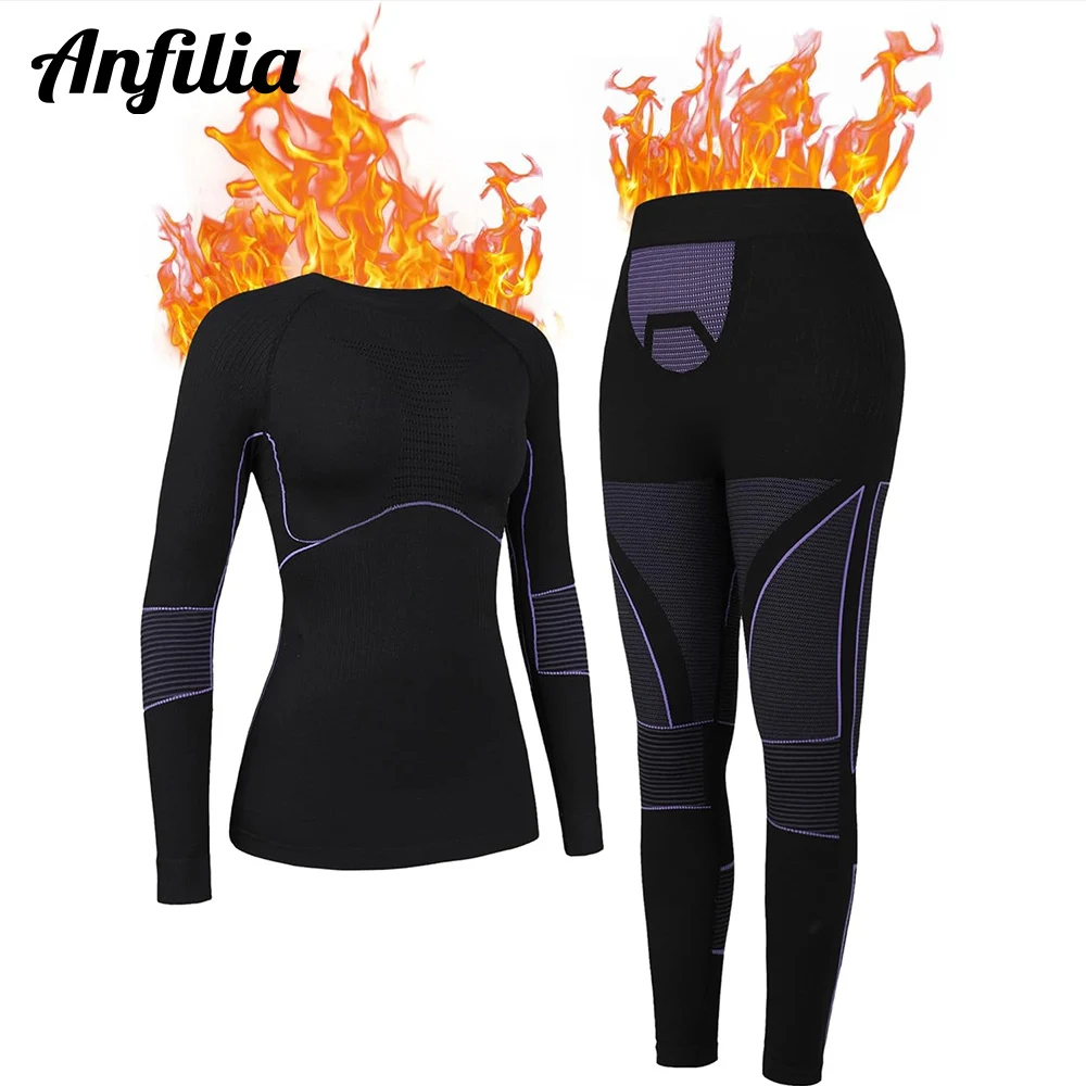 Anfilia Women Skiing Thermal Underwear Crew Neck Quick Dry High Elastic Tight Warm Base Layer Set For Winter