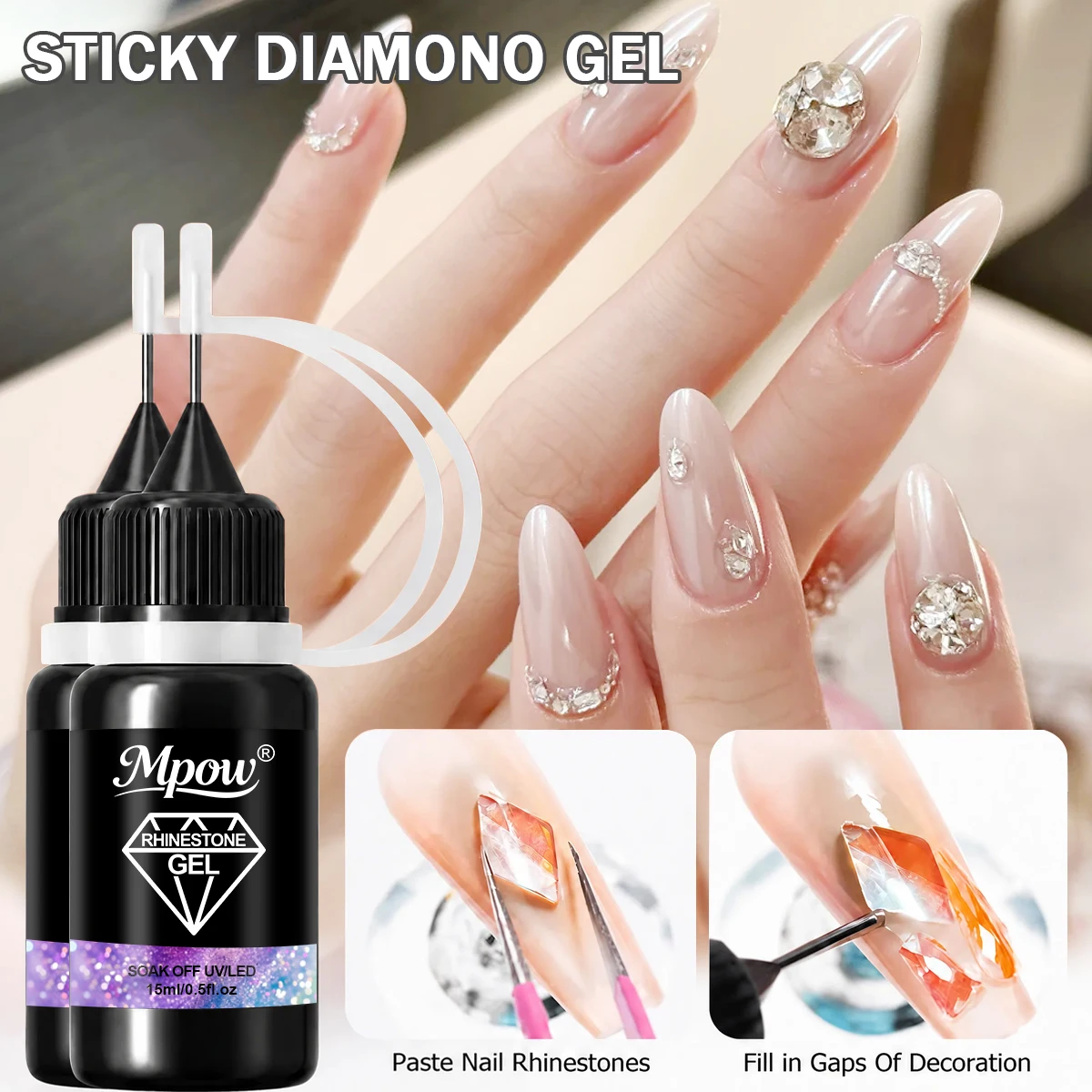 Mpow 15ml Multi-Purpose Rhinestone Gel with Precision Tip 3D Relief Sticker Sealer Glitter Fixative Needs UV LED Nail Art Tool