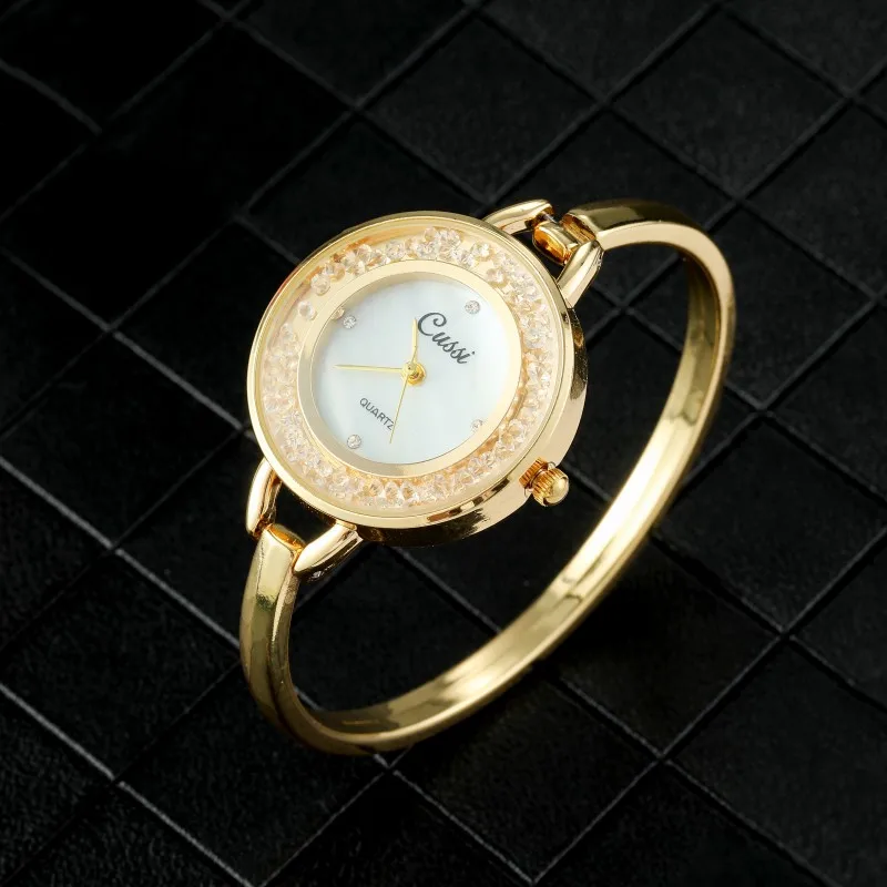 Custom Luxury Gold Round Dial Watch para mulheres, moda feminina, pulseira de quartzo strass, relógio feminino elegante