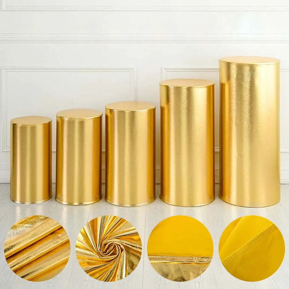 

Shiny Fabric Stretch Cloth Elastic Pedestal Cylinder Table Covers Party Decoration Metallic Gold Silver Pink Red Blue Black