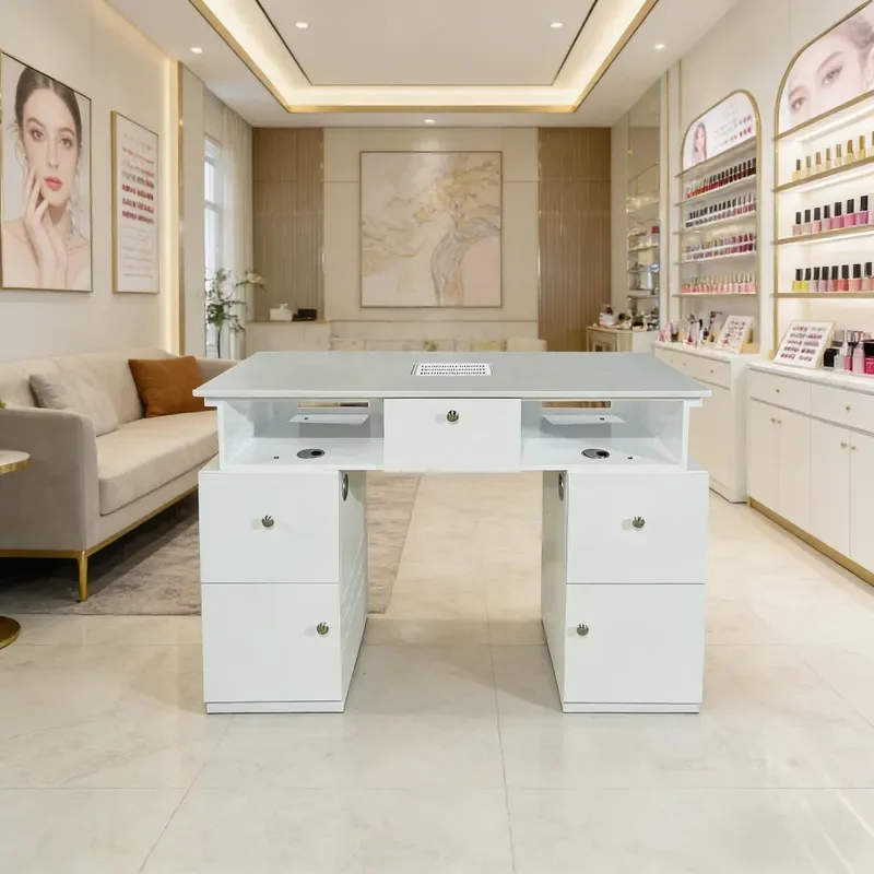 Salon Professional White Marble Top Nail Table and Chair Set No Dust Leakage Nails Tech Table Manicure With Storage
