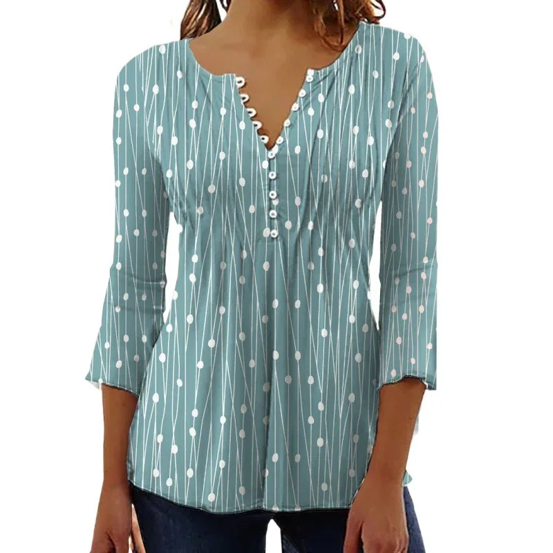 V-neck Printed Long-sleeved Shirt Bottoming Shirt Top Women's Clothing 2025 Foreign Trade Autumn European and American Fashion