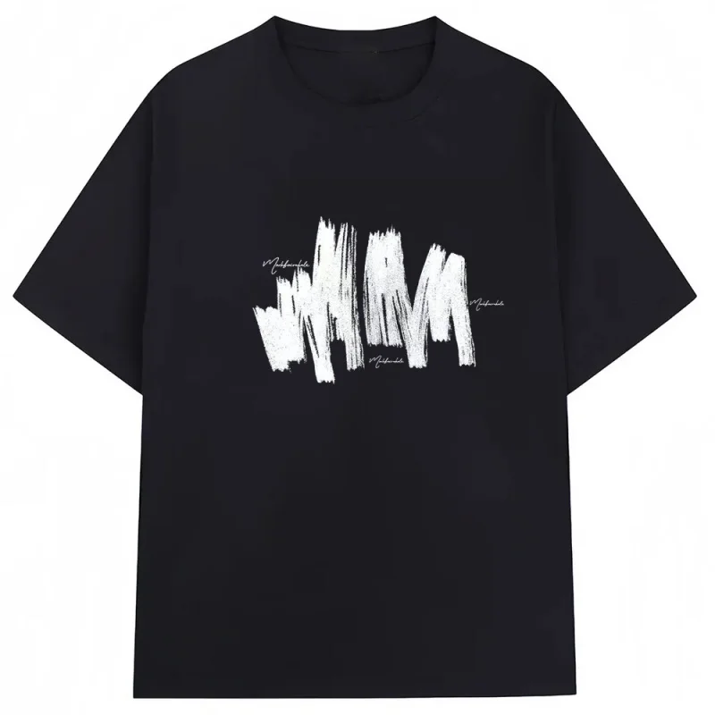 MarsMax Trendy Graffiti Style Brush Stroke Graphic T Shirt Men 100% Cotton Abstract Art Print Tees Casual Streetwear Black Short