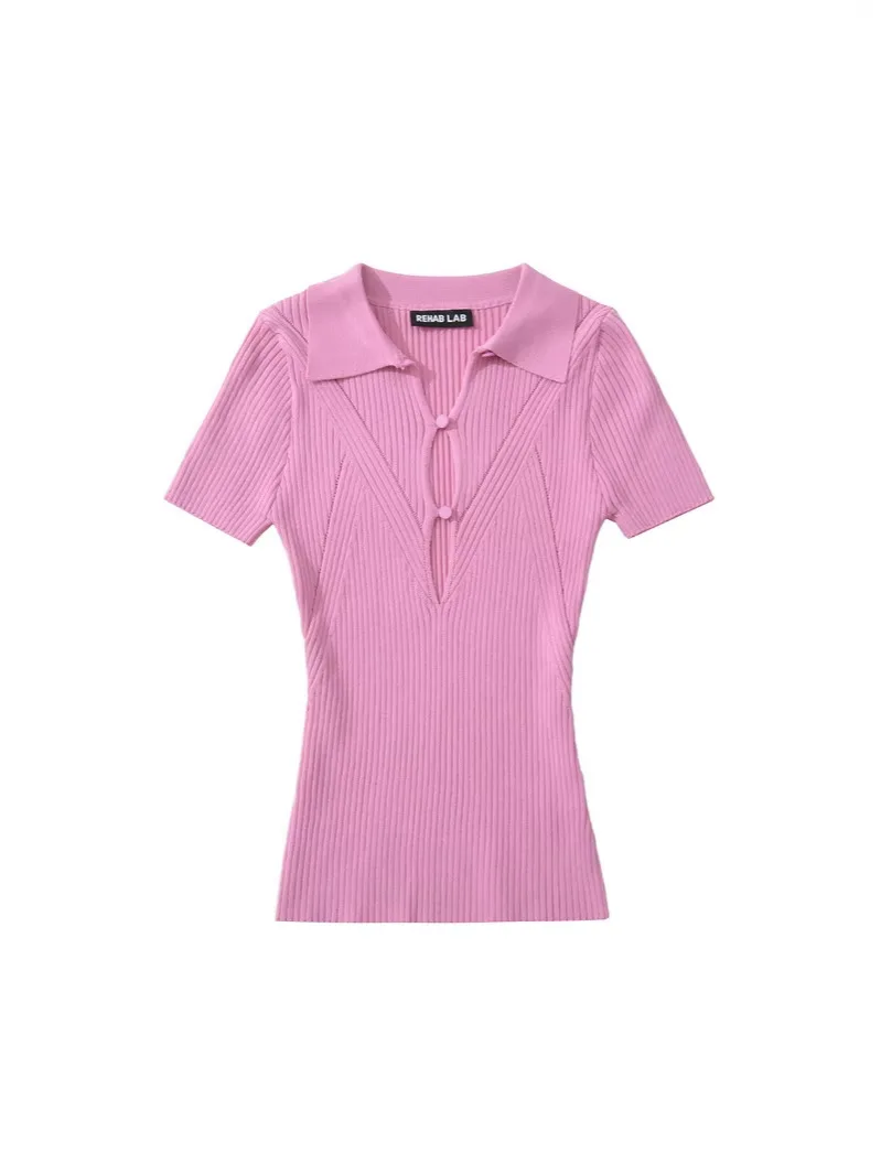 Women's Pure Desire Style Lapel Hollow-Out Knitted Shirt Slim-Fitting Waist-Hugging Top Elegant Casual Fashion