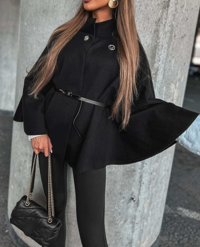 Women's High Neck Single Button Bell Sleeve Jacket Belted Flowy Cape Coat Female Daily Clothing Autumn New Women Casual Coats