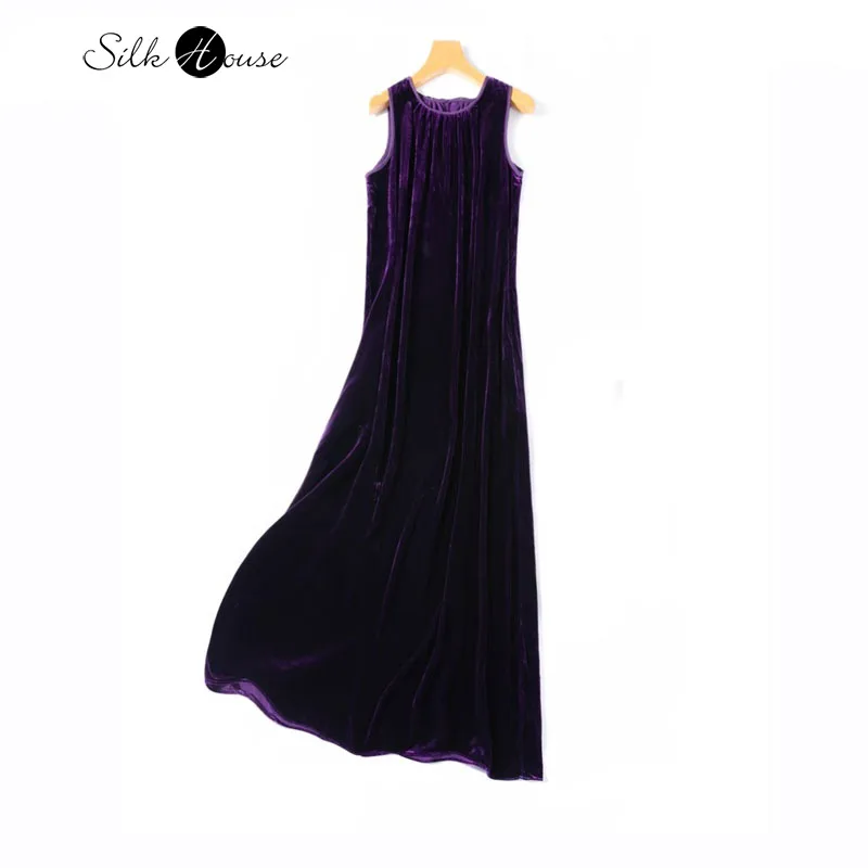 

1.2-meter Extended Luxury Light Dress 30% Natural Mulberry Silk Velvet Sleeveless Loose Retro Purple Party Dress