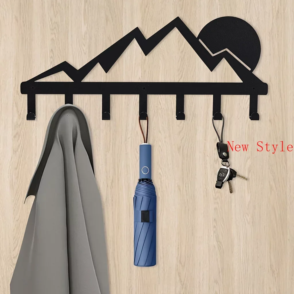 Mountain Metal Key Holder 7 Hooks Sunset Scenery Black Iron Wall Mounted Coat Hats Hooks Decorative Hanger Organiser Rack Home